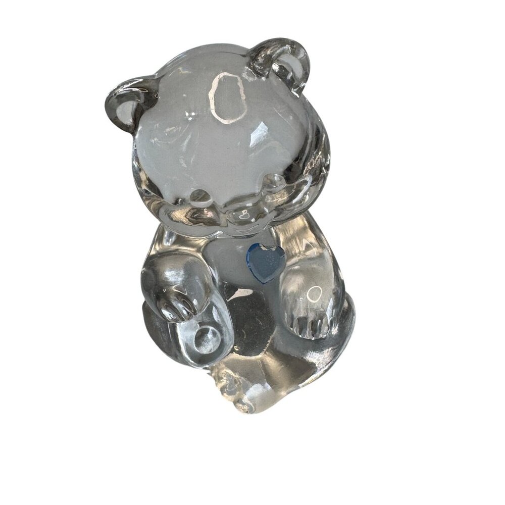 Fenton Teddy Bear Clear Glass Blue Heart Paperweight Figurine Signed - Picture 2 of 10